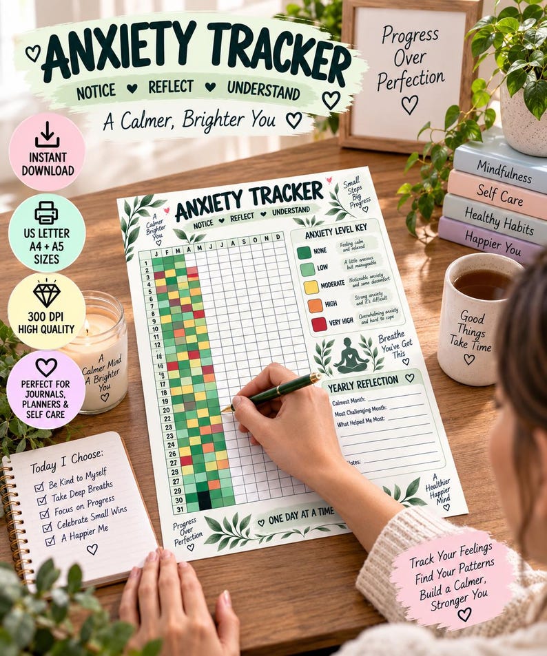 Anxiety Tracker Printable, Yearly Anxiety Log, Daily Mental Wellness Tracker, Self Care Journal, Mood & Stress Tracker, Planner Insert PDF — original Etsy mockup 3