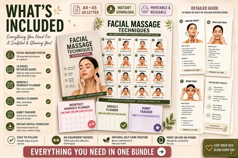 Facial Massage Techniques Printable | Lymphatic Drainage & Face Yoga Guide — original Etsy mockup 3