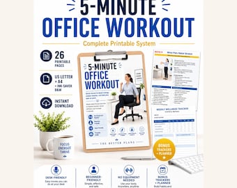 5-Minute Office Workout Printable PDF, Desk Exercise Guide, Tracker & 30-Day Challenge