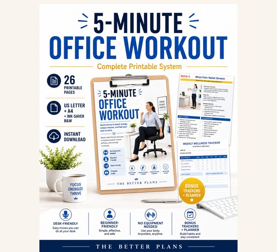 5-Minute Office Workout Printable PDF, Desk Exercise Guide, Tracker & 30-Day Challenge