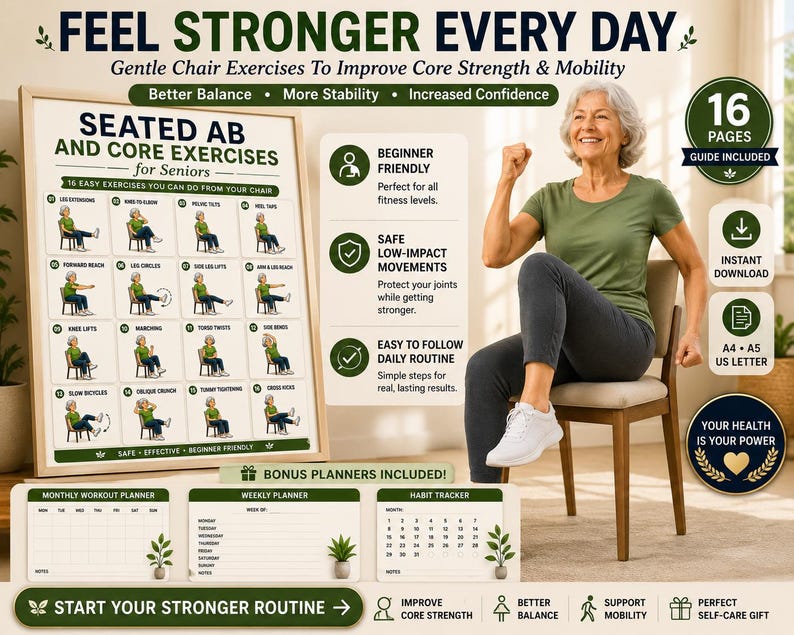 Chair Workout Printable PDF | Seated Ab Core Exercises for Seniors (Digital Download) — original Etsy mockup 4