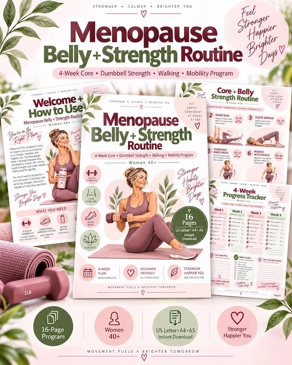 Women 40+ Strength Workout Plan, Menopause Core & Dumbbell Routine, 4-Week Walking Fitness Printable