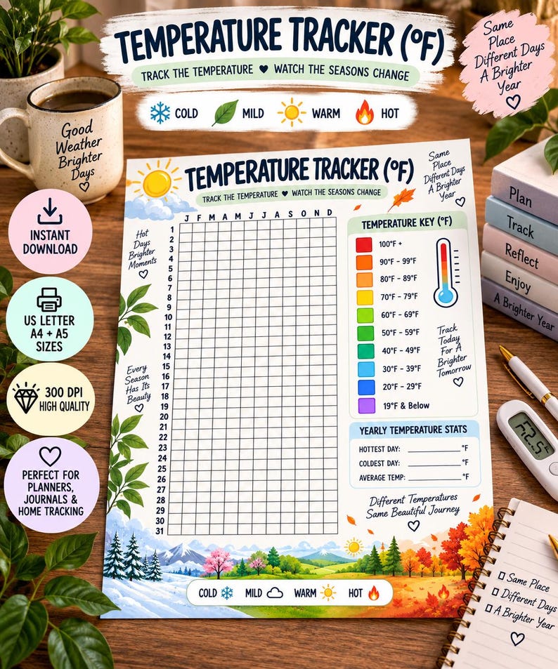 Temperature Tracker Printable, Yearly Weather Log, Daily Temperature Chart, Weather Tracker, Seasonal Tracker, Planner Insert PDF — original Etsy mockup 4