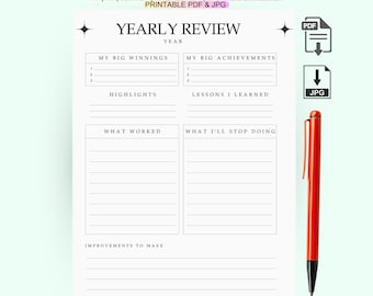 Yearly Review Printable Planner – Goal Setting, Reflection (A4/A5/Letter PDF)