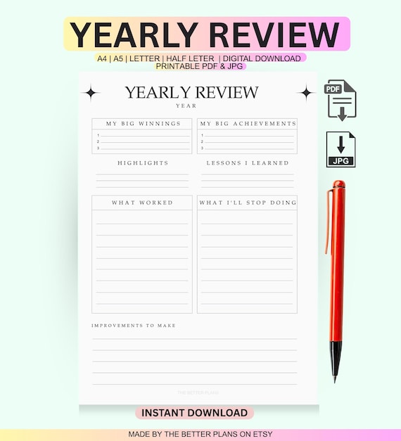 Yearly Review Printable Planner – Goal Setting, Reflection (A4/A5/Letter PDF)
