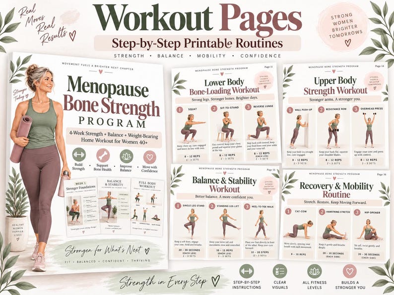 Menopause Bone Strength Program, 4-Week Strength & Balance Workout for Women 40+, Printable Home Fitness PDF — original Etsy mockup 6