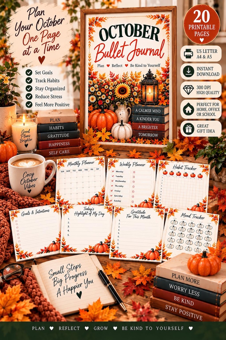 October Planner Printable, Fall Pumpkin Bullet Journal, 20 Page Habit Tracker, Mood Tracker, Self Care Journal PDF — original Etsy mockup 11