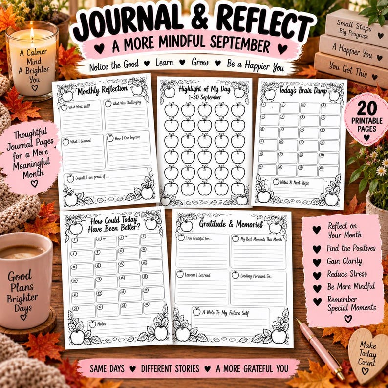 September Bullet Journal Printable, Fall Planner Bundle, Mood Habit Sleep Tracker, September Calendar, Self Care Journal PDF - BuJo — original Etsy mockup 5