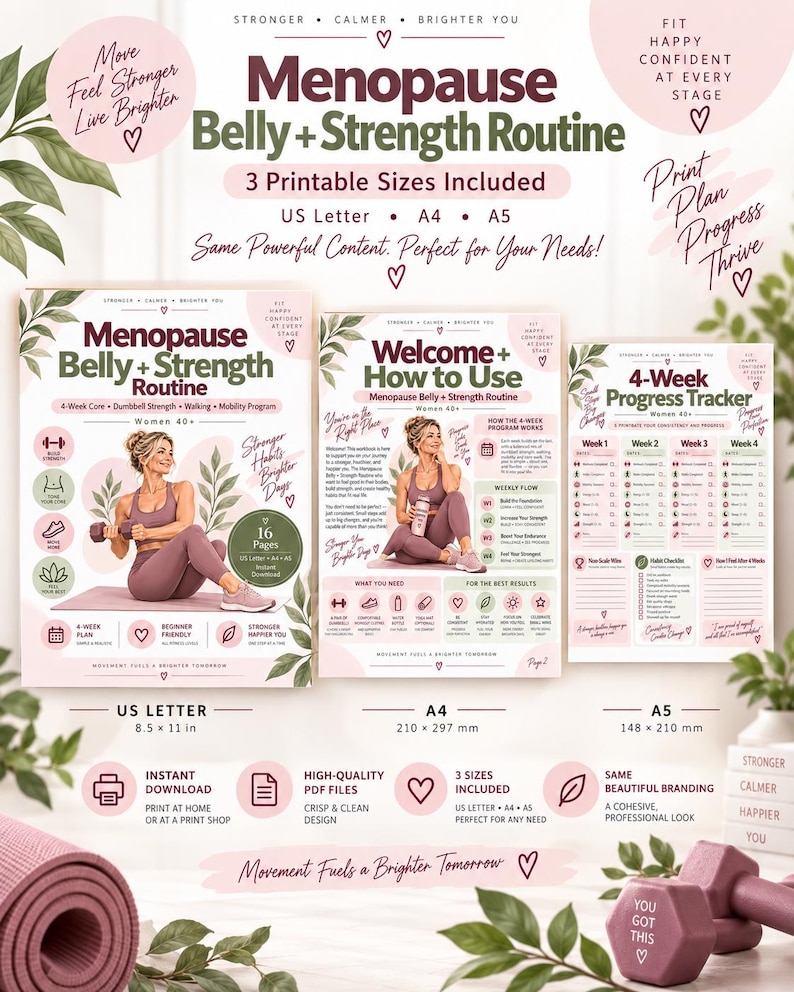 Women 40+ Strength Workout Plan, Menopause Core & Dumbbell Routine, 4-Week Walking Fitness Printable — original Etsy mockup 4