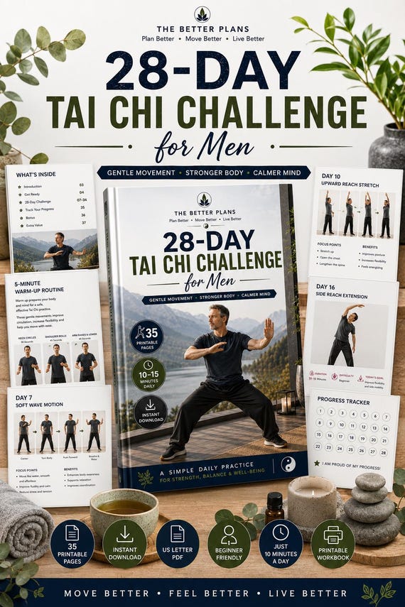 28-Day Tai Chi Challenge for Men | Beginner Balance & Mobility Workbook (Printable PDF)