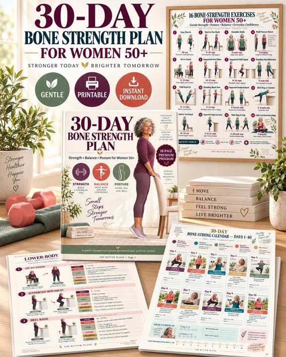 Bone Strength Workout for Women Over 50, Osteoporosis Exercise Printable, 30-Day Balance and Posture Plan, Home Fitness PDF