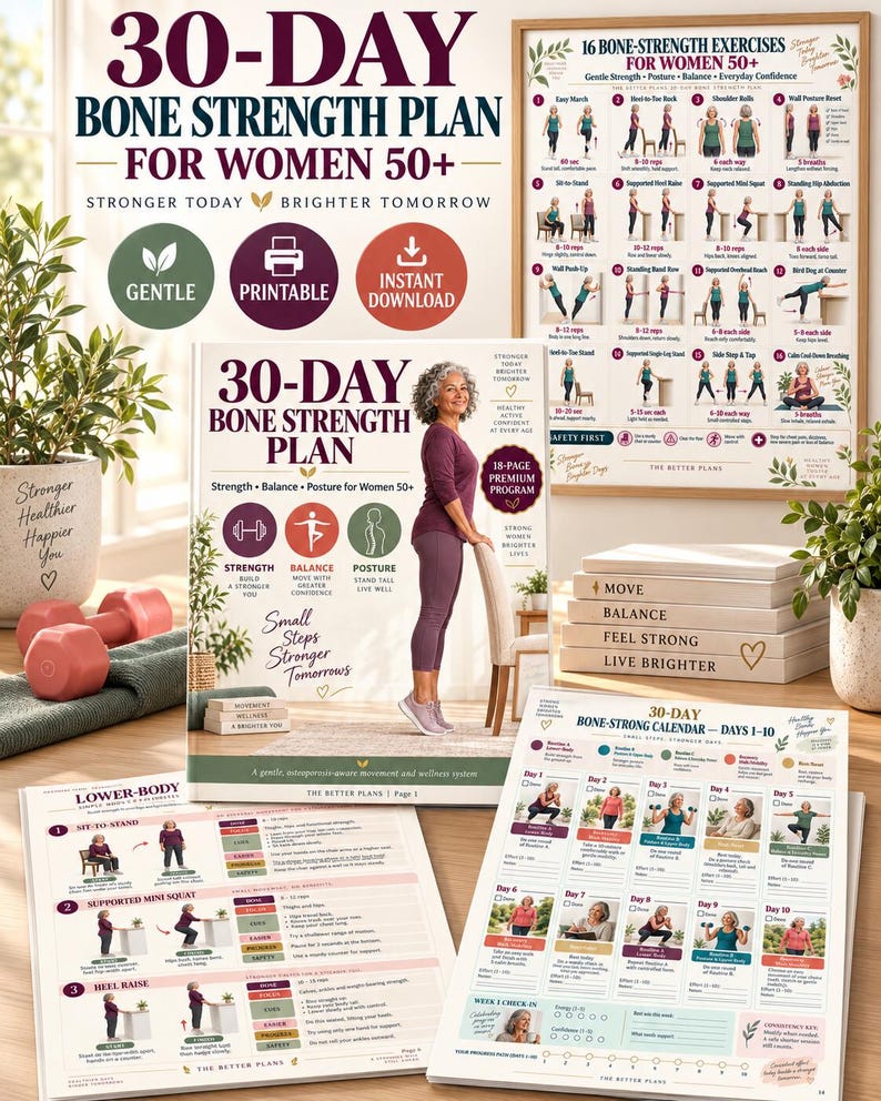 30-Day Bone Health Planner Printable, Strength and Balance Exercise Calendar, Women 50+ Home Workout Tracker, 3-Size PDF Bundle — original Etsy mockup 3