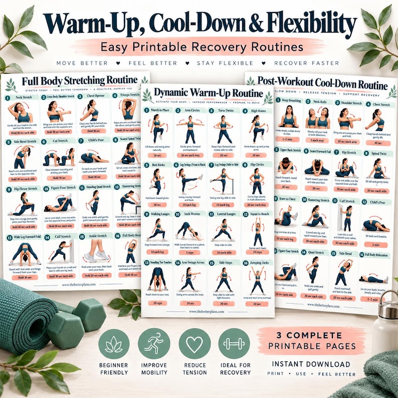 Mobility & Stretching Bundle Printable, 20 Exercise Posters + 8 Trackers, Full Body Flexibility Warm Up Cool Down PDF — original Etsy mockup 6