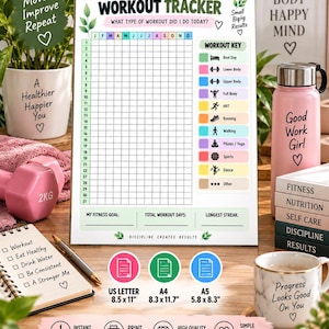Könnte beinhalten: Ein vertikaler Trainings-Tracker mit einem Raster für Monate und Tage, einem farbcodierten Schlüssel und Bereichen für Fitnessziele. Das Dokument zeigt Textoptionen für die Papierformate A4 8,3 x 11,7 cm und A5 5,8 x 8,3 cm mit 300 DPI.