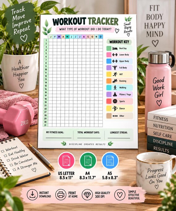 Workout Tracker Printable, Year in Pixels Fitness Tracker, Exercise Log, Workout Planner, Gym Tracker, Fitness Journal, Instant Download
