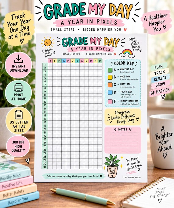 Daily Rating Tracker Printable, Grade Your Day Journal, Yearly Pixel Tracker, Habit & Mood Log, Self Care Planner, A4 A5 Letter PDF