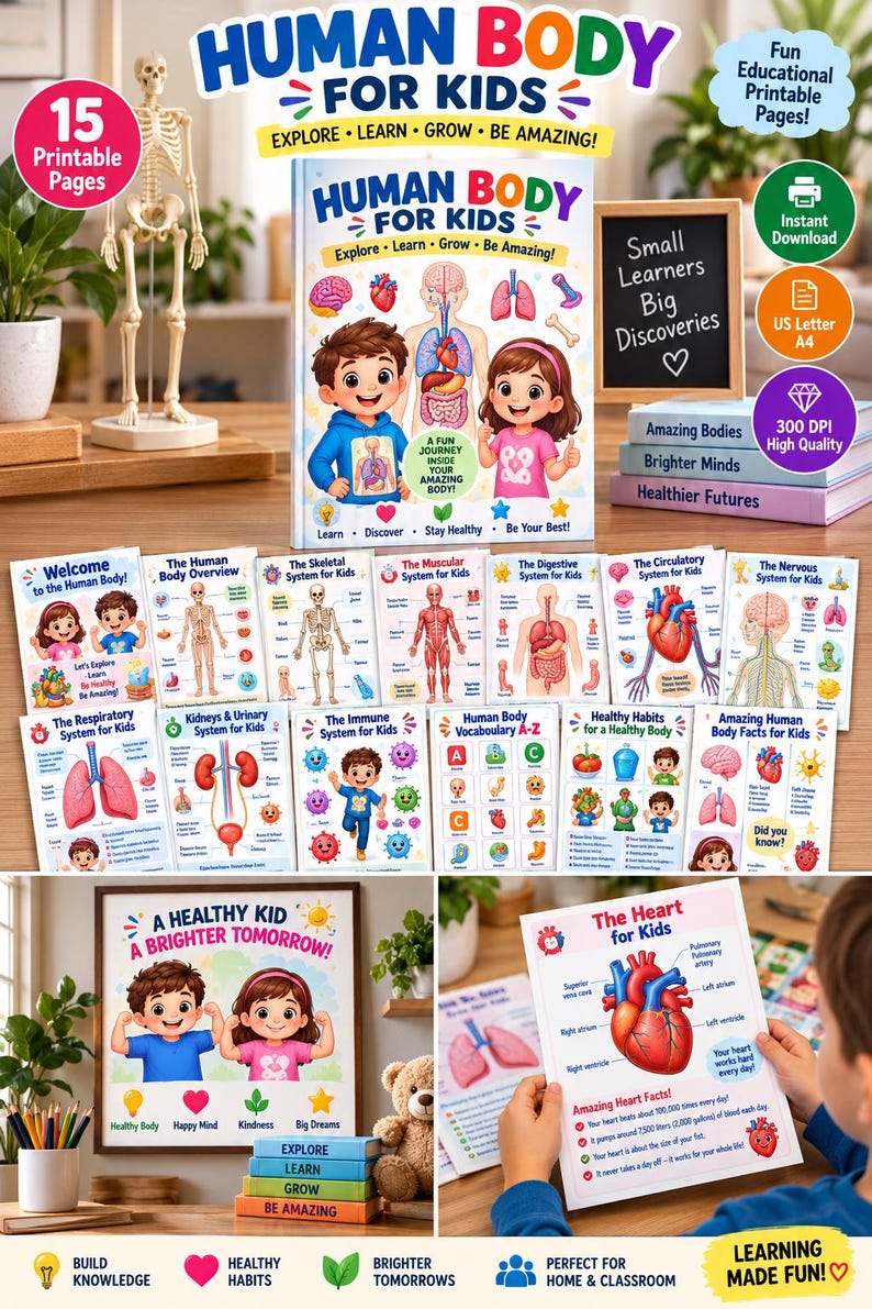 15-Poster Kids Human Body Bundle, Anatomy Systems, Science Classroom Decor (Digital Download) — original Etsy mockup 2