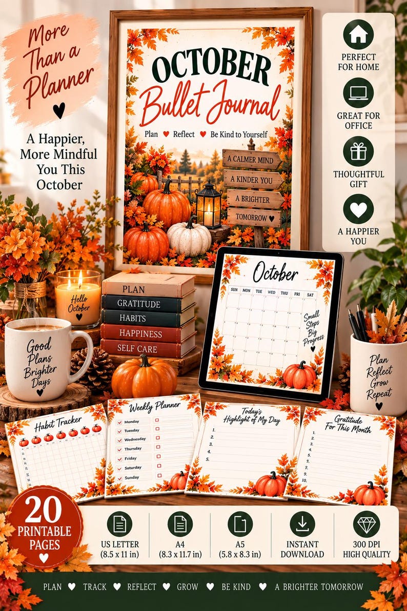 October Planner Printable, Fall Pumpkin Bullet Journal, 20 Page Habit Tracker, Mood Tracker, Self Care Journal PDF — original Etsy mockup 13