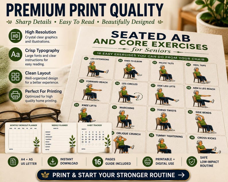Chair Workout Printable PDF | Seated Ab Core Exercises for Seniors (Digital Download) — original Etsy mockup 7