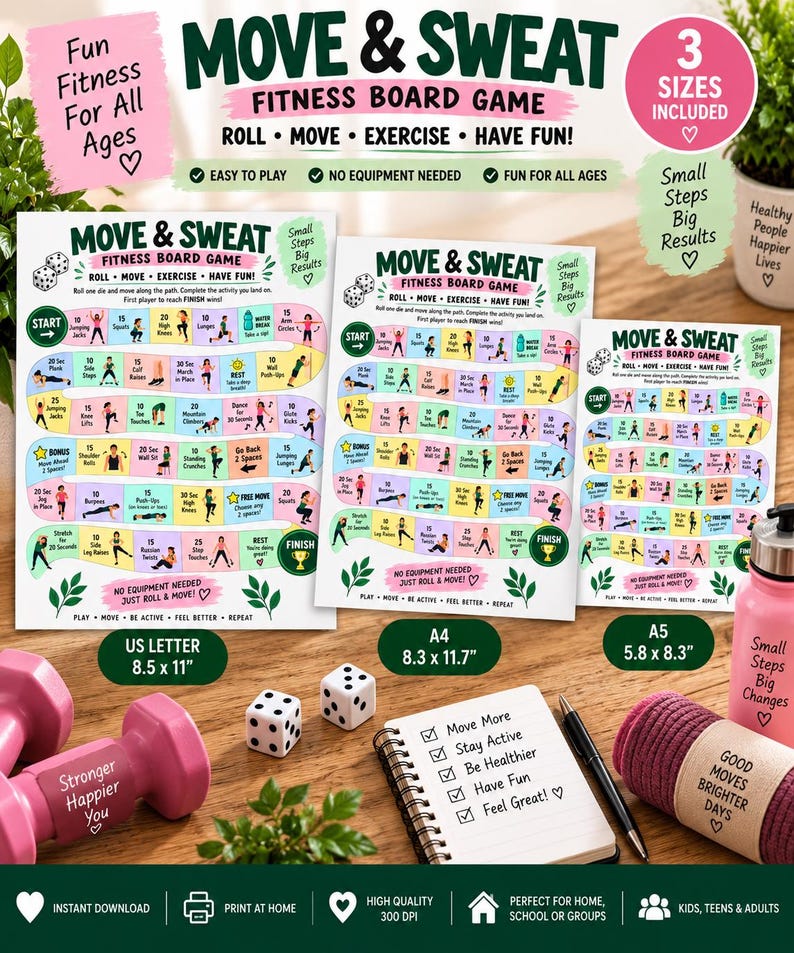 Kids Exercise Game Printable, PE Fitness Activity, Movement Board Game, Classroom Brain Break, Homeschool PE Game, Indoor Activity PDF — original Etsy mockup 8