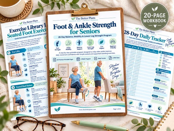 Senior Foot and Ankle Exercises Printable, 4 Week Balance & Mobility Program, Lower Leg Strength Workout PDF for Older Adults
