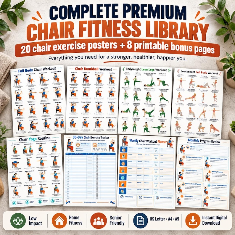 Seated Workout Poster Bundle, 20 Chair Exercises + 8 Fitness Planners for Seniors — original Etsy mockup 8