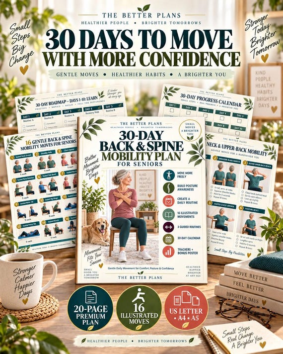 Back Exercises for Seniors Printable, Gentle Seated Spine Mobility Guide, 16 Illustrated Moves and 30-Day Routine