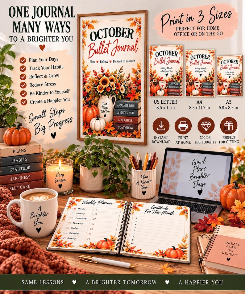 October Planner Printable, Fall Pumpkin Bullet Journal, 20 Page Habit Tracker, Mood Tracker, Self Care Journal PDF — original Etsy mockup 10