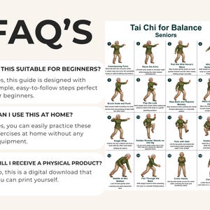 Puede incluir: Una gu&iacute;a beige titulada "Tai Chi for Balance Seniors" con pasos de ejercicios ilustrados. La gu&iacute;a incluye preguntas frecuentes sobre la idoneidad para principiantes, el uso dom&eacute;stico y la disponibilidad de productos f&iacute;sicos. El texto es negro.