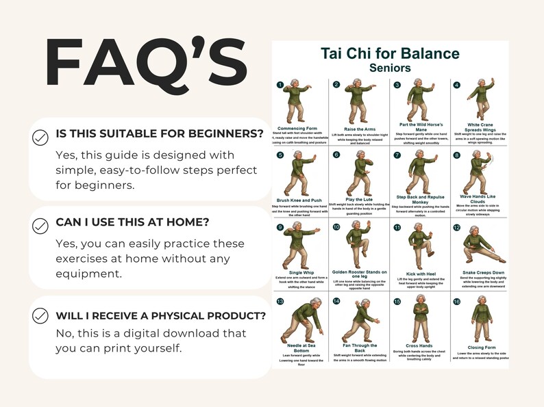 Puede incluir: Una gu&iacute;a beige titulada "Tai Chi for Balance Seniors" con pasos de ejercicios ilustrados. La gu&iacute;a incluye preguntas frecuentes sobre la idoneidad para principiantes, el uso dom&eacute;stico y la disponibilidad de productos f&iacute;sicos. El texto es negro.