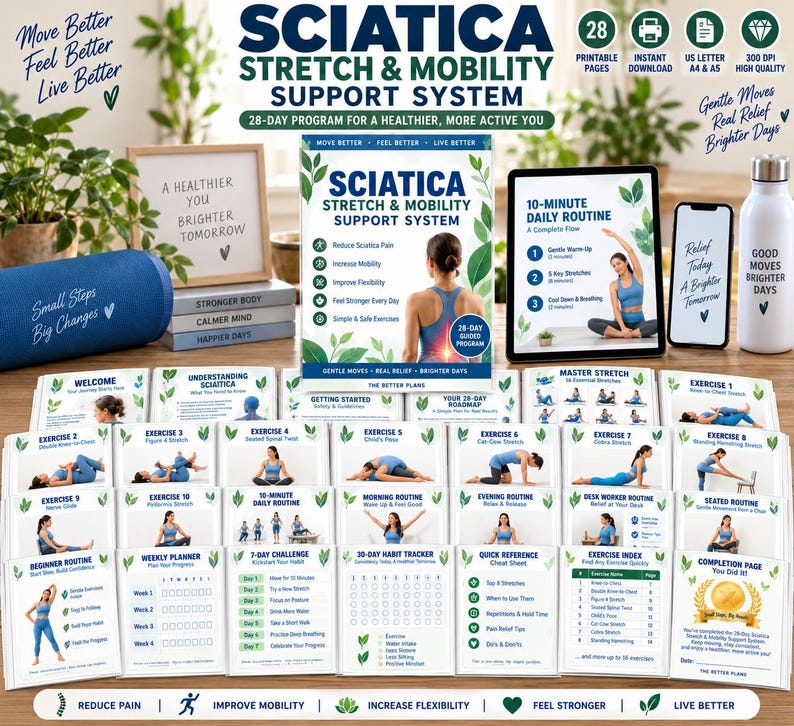 Sciatica Stretch Mobility Guide PDF, 28-Page Lower Back, Hip & Nerve Glide Exercise System — original Etsy mockup 10