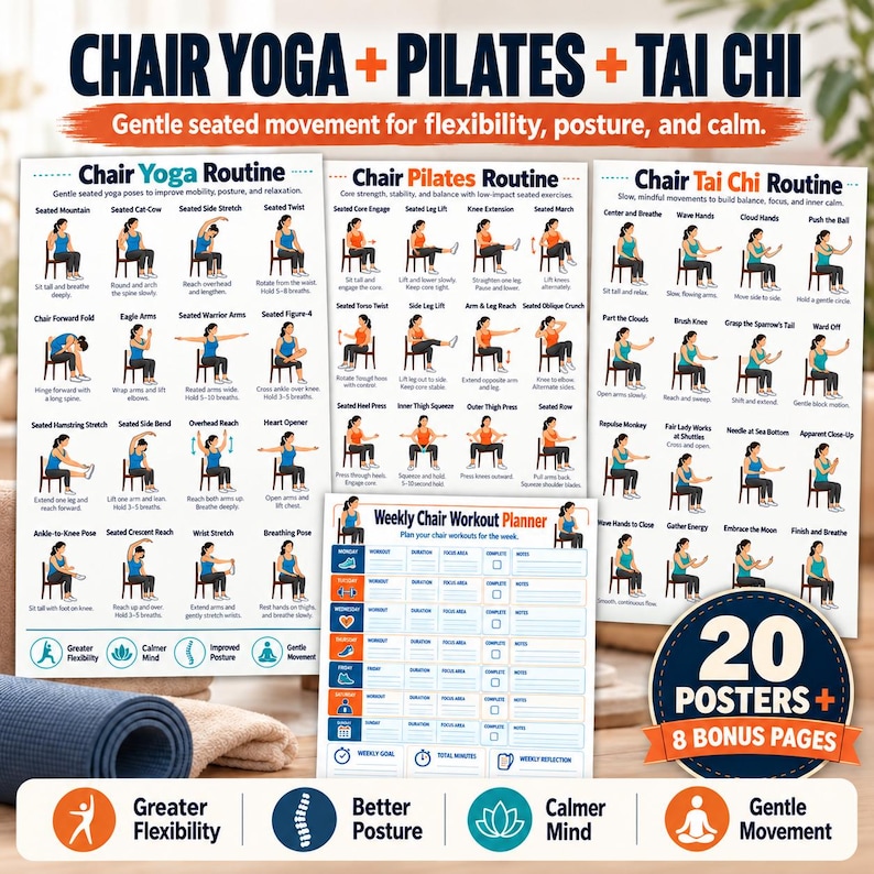 Seated Workout Poster Bundle, 20 Chair Exercises + 8 Fitness Planners for Seniors — original Etsy mockup 5