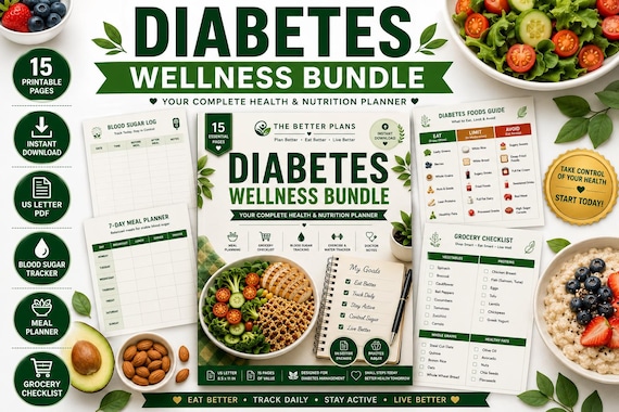 Diabetes Wellness Bundle Printable PDF | Blood Sugar Log, Meal Planner, Grocery Checklist, Low GI Foods, Diabetes Tracker