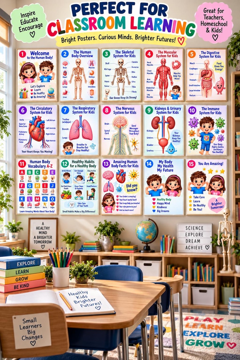 15-Poster Kids Human Body Bundle, Anatomy Systems, Science Classroom Decor (Digital Download) — original Etsy mockup 9