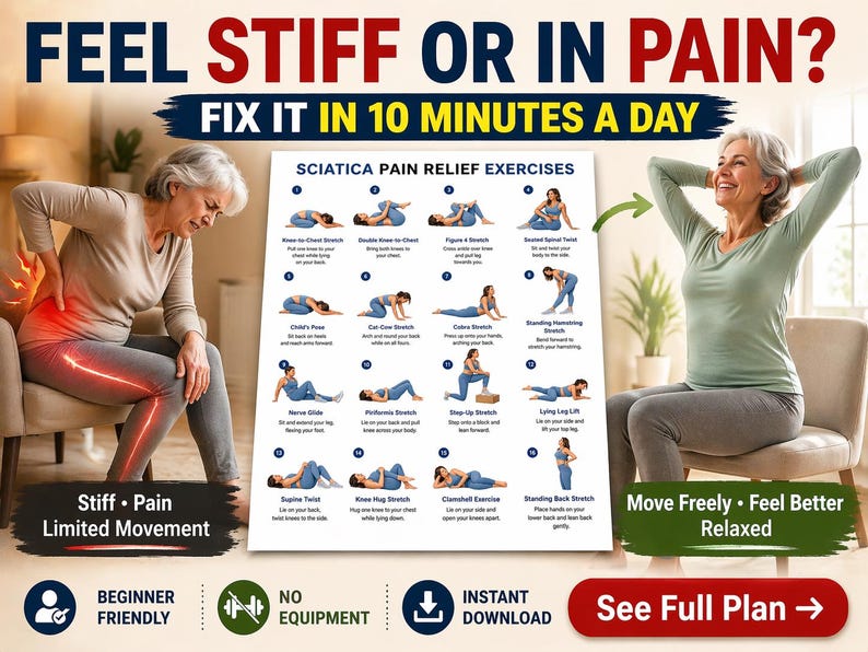 Sciatica Pain Relief Exercises – 16-step Stretching Guide (PDF Download ...