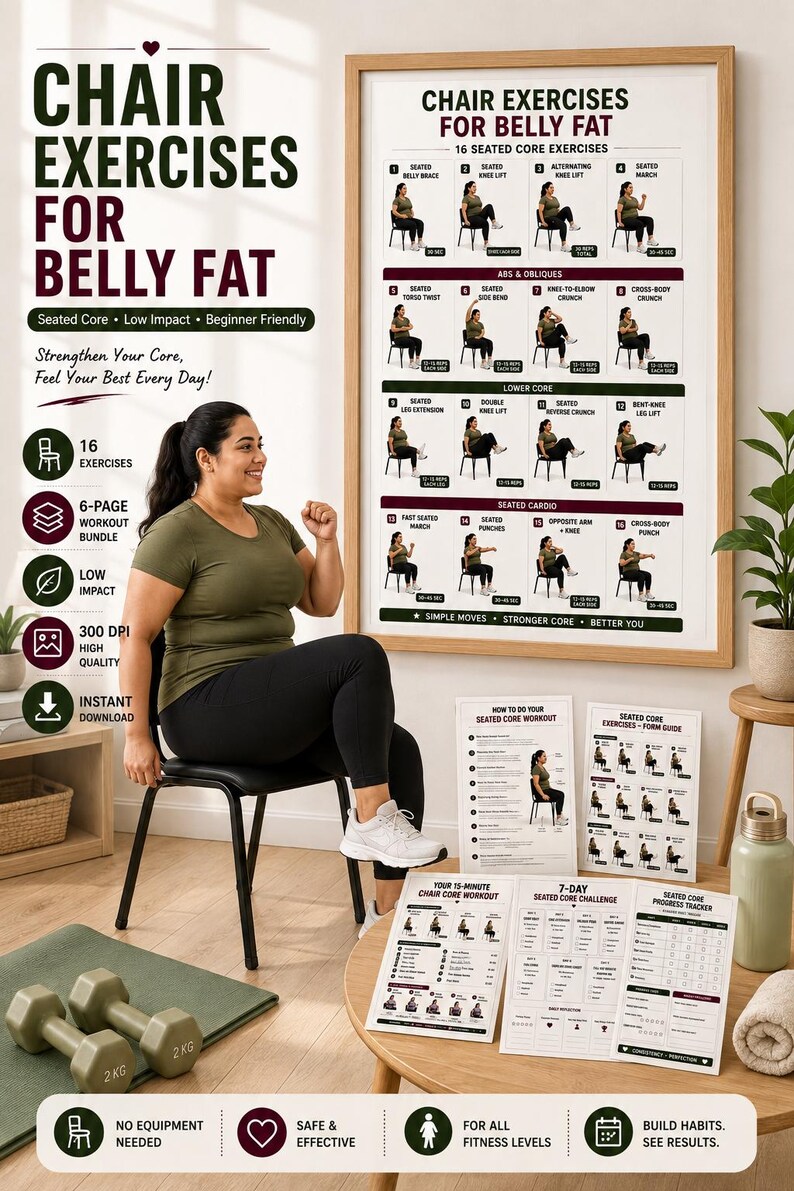 Chair Exercises for Belly Fat | 16 Seated Core Exercises to Strengthen Abs & Support Fat Loss | Printable Low Impact Workout Poster PDF — original Etsy mockup 3