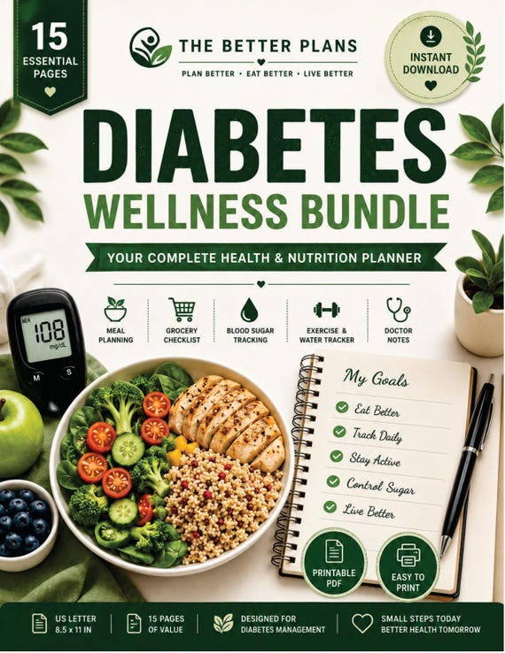 Diabetes Wellness Bundle | Blood Sugar Log, Meal Planner, Grocery Checklist, Low GI Foods, Diabetes Tracker