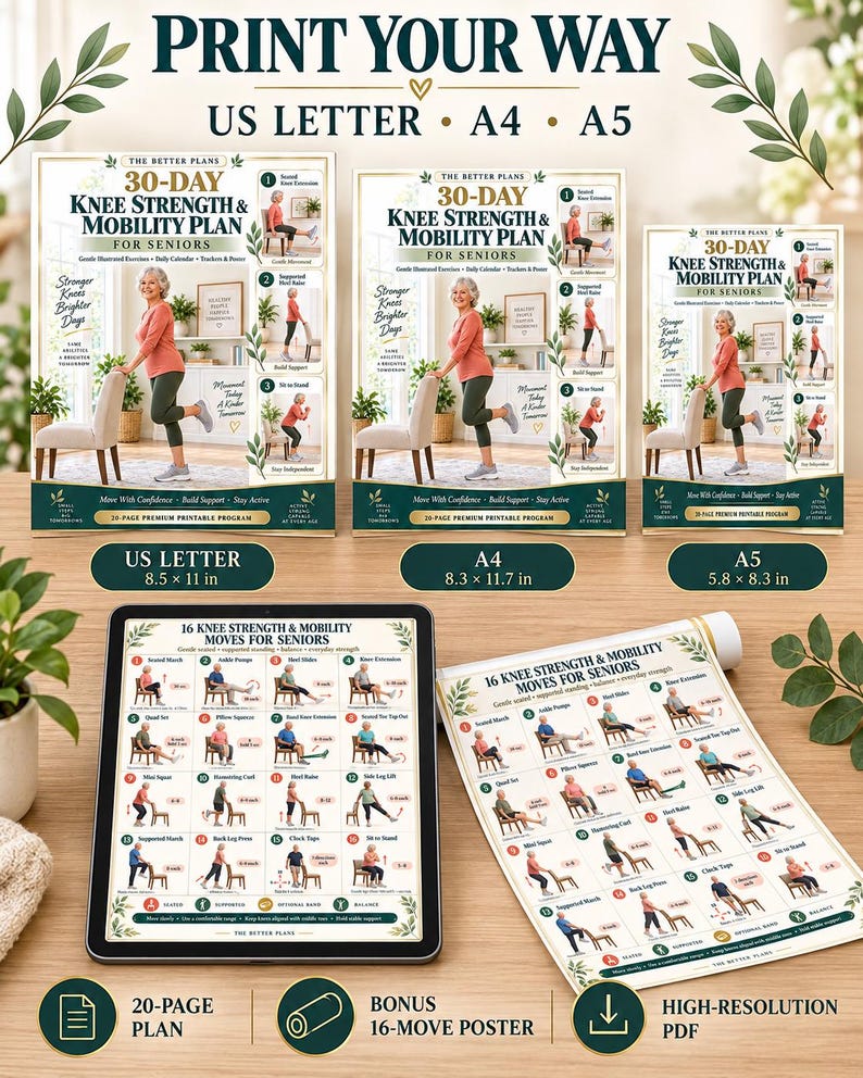 Knee Exercises for Seniors Printable 30 Day Strength and Mobility Plan with Illustrated Guide Tracker and Poster — original Etsy mockup 4