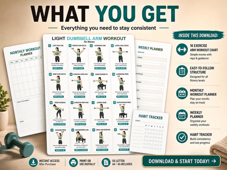 Light Dumbbell Arm Workout for Women Printable | Beginner Upper-Body Strength Chart — original Etsy mockup 3