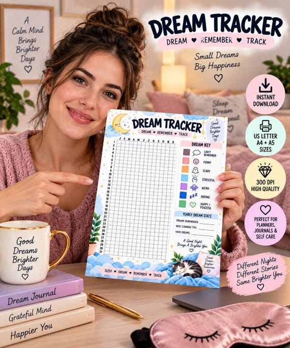 Yearly Dream Tracker, Dream Journal Printable, Daily Dream Log, Dream Recall Journal, Sleep Diary, Dream Mood Tracker, Planner Insert PDF