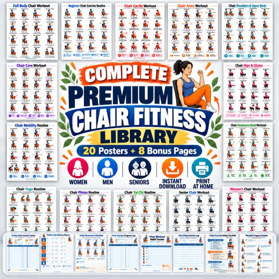 Seated Workout Poster Bundle, 20 Chair Exercises + 8 Fitness Planners for Seniors