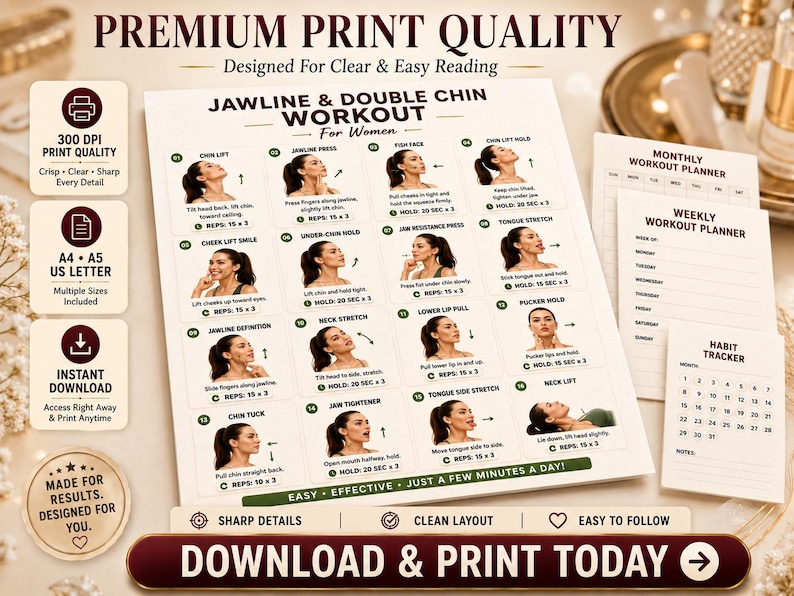 Jawline & Double Chin Exercises Printable | Face Yoga Neck Workout Chart — original Etsy mockup 7