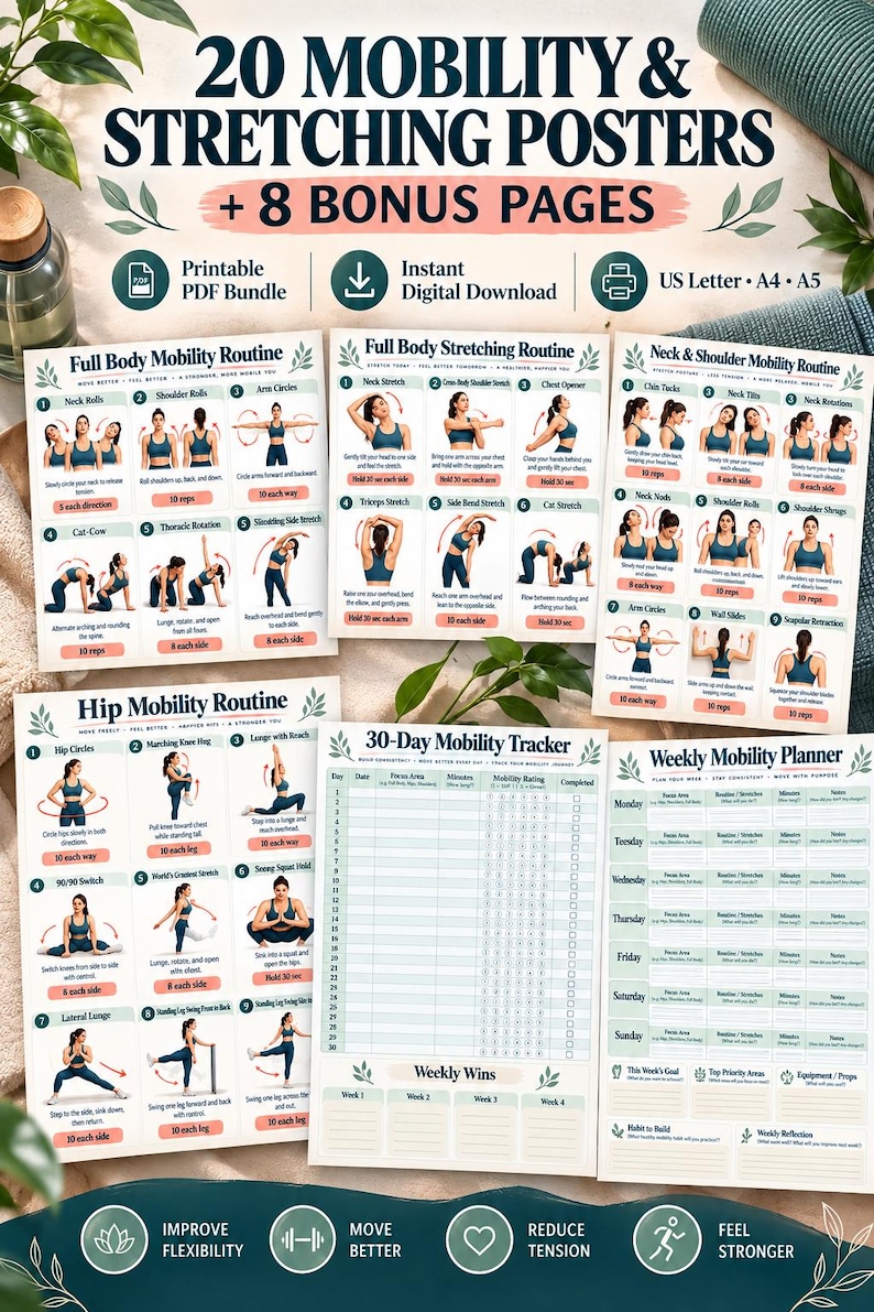 Stretching & Mobility Printable Bundle, 20 Workout Posters + 8 Planners, Hip Back Shoulder Flexibility Home Exercise PDF — original Etsy mockup 4
