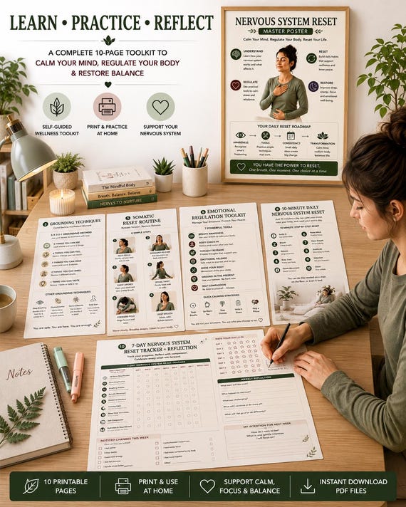 Nervous System Reset Printable Toolkit, Somatic Exercises, Stress Relief Guide (10 Page PDF)