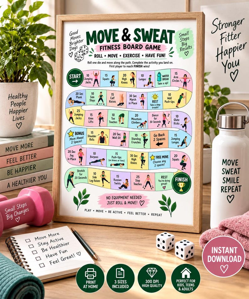 Kids Exercise Game Printable, PE Fitness Activity, Movement Board Game, Classroom Brain Break, Homeschool PE Game, Indoor Activity PDF — original Etsy mockup 2