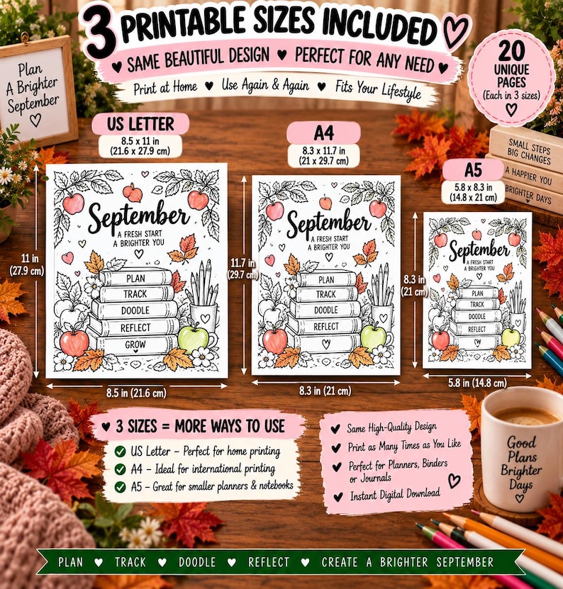 September Bullet Journal Printable, Fall Planner Bundle, Mood Habit Sleep Tracker, September Calendar, Self Care Journal PDF - BuJo — original Etsy mockup 9