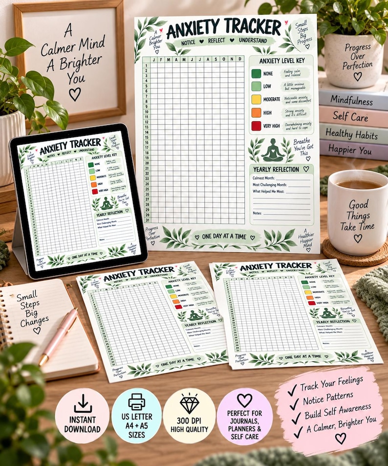 Anxiety Tracker Printable, Yearly Anxiety Log, Daily Mental Wellness Tracker, Self Care Journal, Mood & Stress Tracker, Planner Insert PDF — original Etsy mockup 2