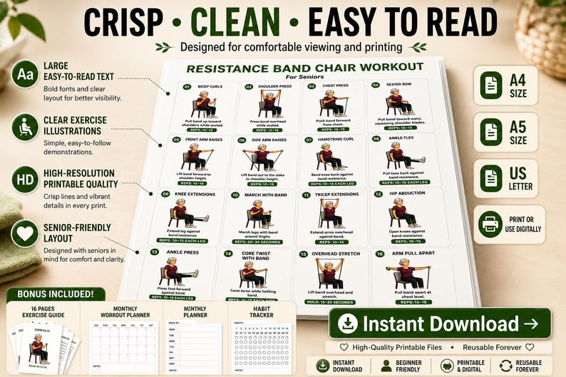Senior Resistance Band Exercise Chart |Senior Workout Routine Printable | Resistance Band Exercises for Seniors | Fitness Poster PDF — original Etsy mockup 8