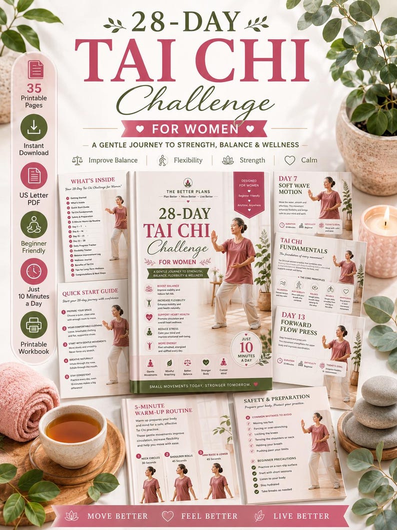 28 Day Tai Chi Challenge for Women ,Exercise Workbook for Seniors, Printable PDF, Gentle Movement and Progress Tracker — original Etsy mockup 2