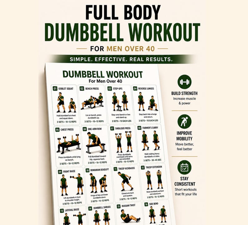 Dumbbell Workout for Men Over 40 Printable | Full-Body Strength Chart — original Etsy mockup 2
